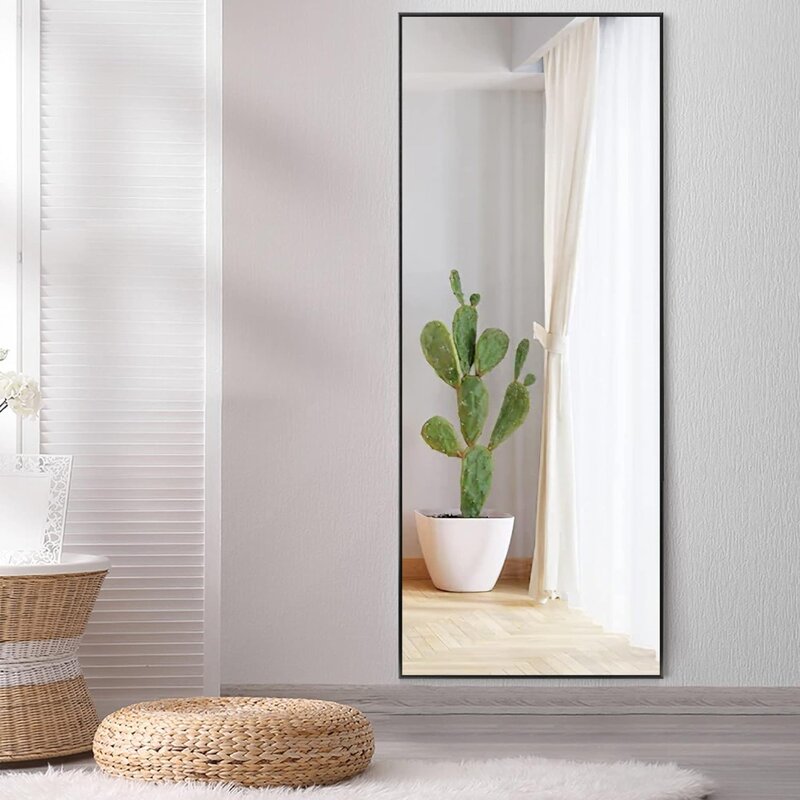 Полноразмерное зеркало с подставкой, напольное полноразмерное зеркало, подвесное или приставное к стене, алюминиевый сплав, тонкая рамка, свободное пространство