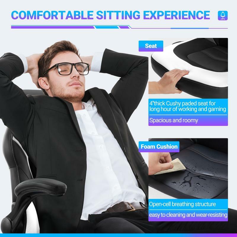 Ergonomic Office Computer Gaming Chair with Lumbar Support Flip-up Arms Adjustable Height PU Leather Swivel with Wheels