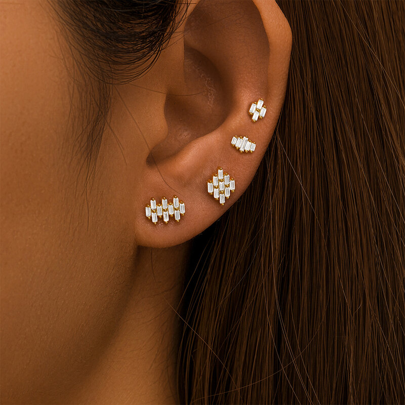 Aide 925 Sterling Silver per le donne Geometric square cluster crystal intarsiato testa piatta orecchini cartilagine filettati gioielli party