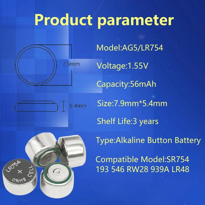 AG5 LR754 1.55V Battery D309 D393 G5 G5A L754 LR48 LR754 RW28 SR48 Button Coin Cell For Watch Toy Remote Control