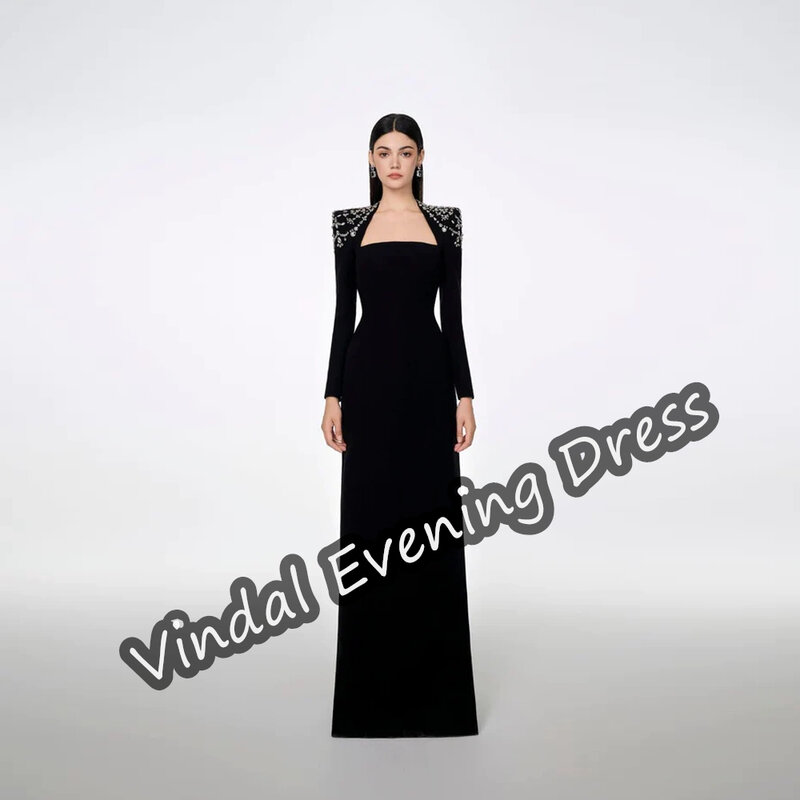 Vestido feminino com decote quadrado Vindal, até o chão, sutiã embutido elegante, crepe da Arábia Saudita, mangas compridas, linha A, 2024