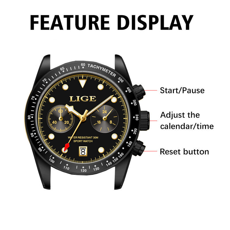 LIGE-Relógio de pulso quartzo de aço inoxidável masculino, Relógio Casual Empresarial, Moda Luxo, Data, Novo