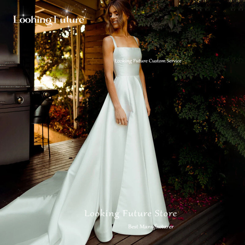 Classic Long White Wedding Dress A-Line Square Collar Spaghetti Straps Formal Pleat  Vintage Backless High Silt Bridal Growns