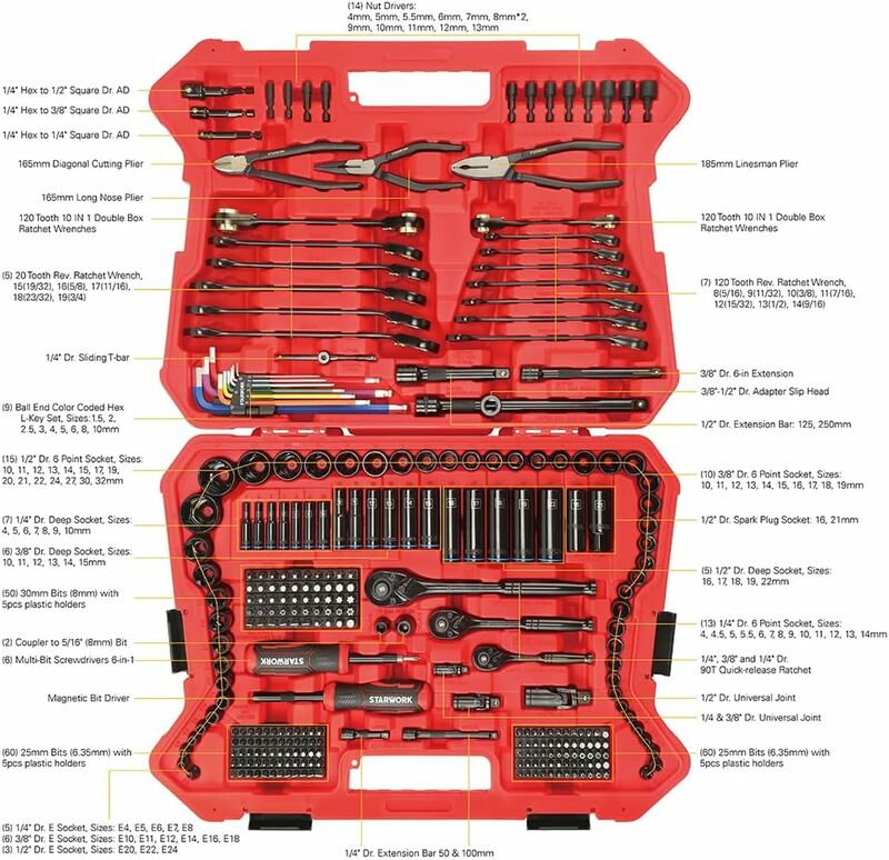 Настоящий механик™Набор инструментов из 305 предметов, 120 т, двусторонний Трещоточный ключ 2-в-1, профессиональный метрический набор