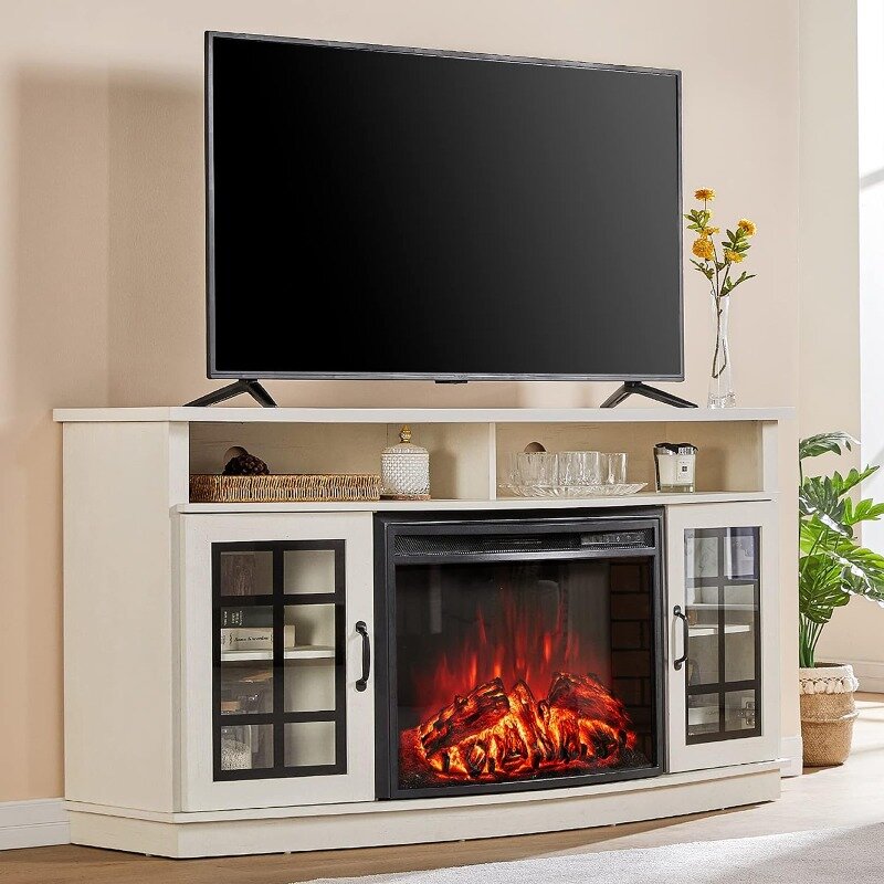 Curved TV Cabinet with 26" Electric Fireplace for TVs up to 65", Media Fireplace TV Console Table with Storage Farmhouse Glass D