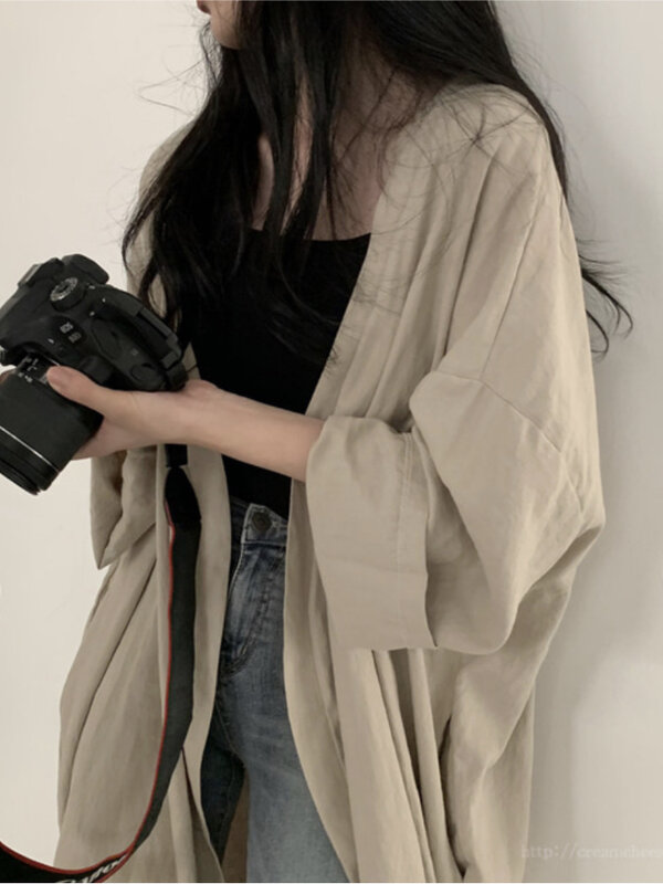 Cardigã de manga longa estilo coreano feminino, camisa com proteção solar, solta, monocromática, fina e respirável, jaqueta casual, verão, 2024