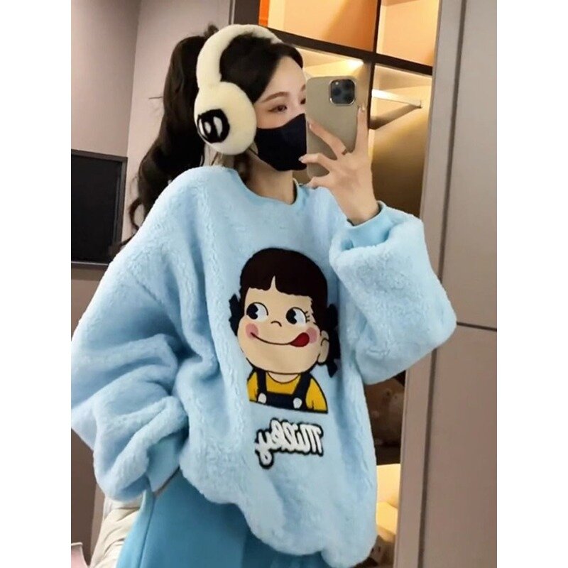 2023 new women's fleece and thickened sweater loose large size lamb wool sweater coat slimming and age-reducing women's top