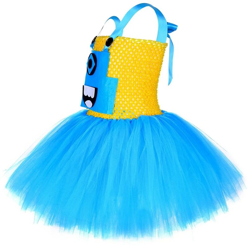 Anime Cartoon Characters Little Yellow Man Costume for Girls Birthday Party Tutu Dress Sky Blue Kids Halloween Holiday Clothes