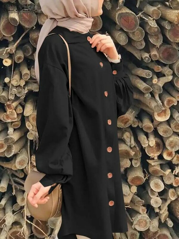 ZANZEA-Chemisier musulman à manches bouffantes pour femmes, chemise à col rond, Hijab de dinde, vêtements islamiques de vacances décontractés, mode vintage, solide, 2023