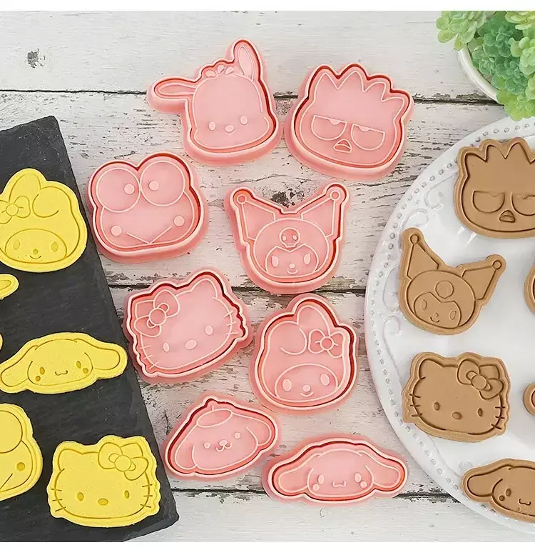 Hello Kittys Kulomis Melodys molde para galletas de dibujos animados, moldes para galletas 3D, sello, accesorios de cocina, herramientas para hornear, juego de 8 piezas