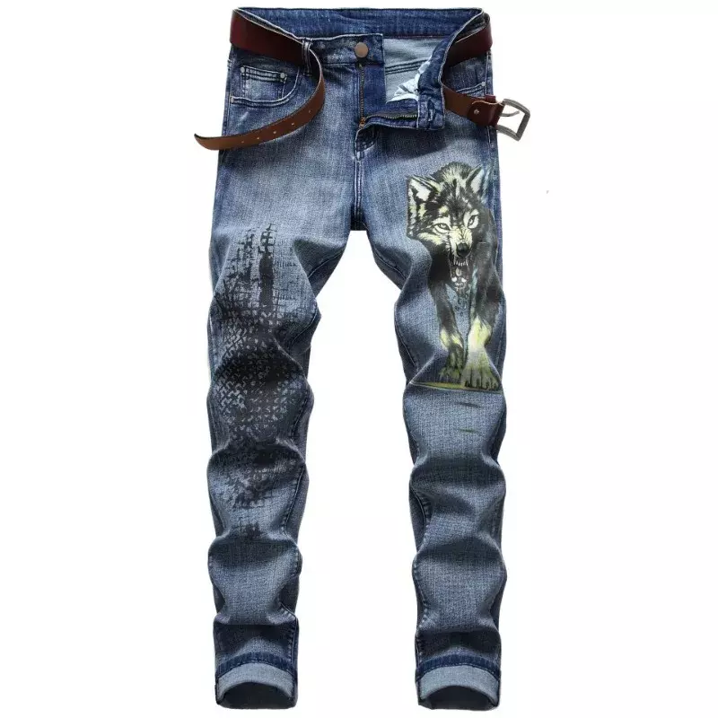 Jeans europei e americani stampa 3D jeans elastici Y2K modello stampa tendenza personalità pantaloni denim slim da uomo casual