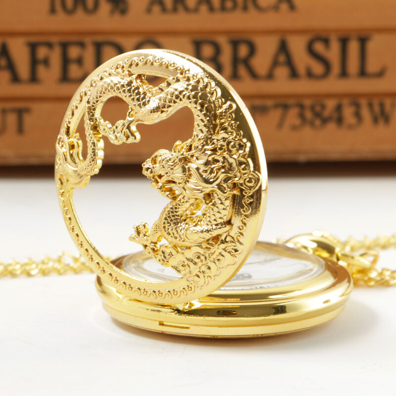 Luxury Gold Dragon Necklace China Style Pendant Pocket Watch Lucky Amulet Peace Mascot Gifts for Women Men reloj de bolsillo