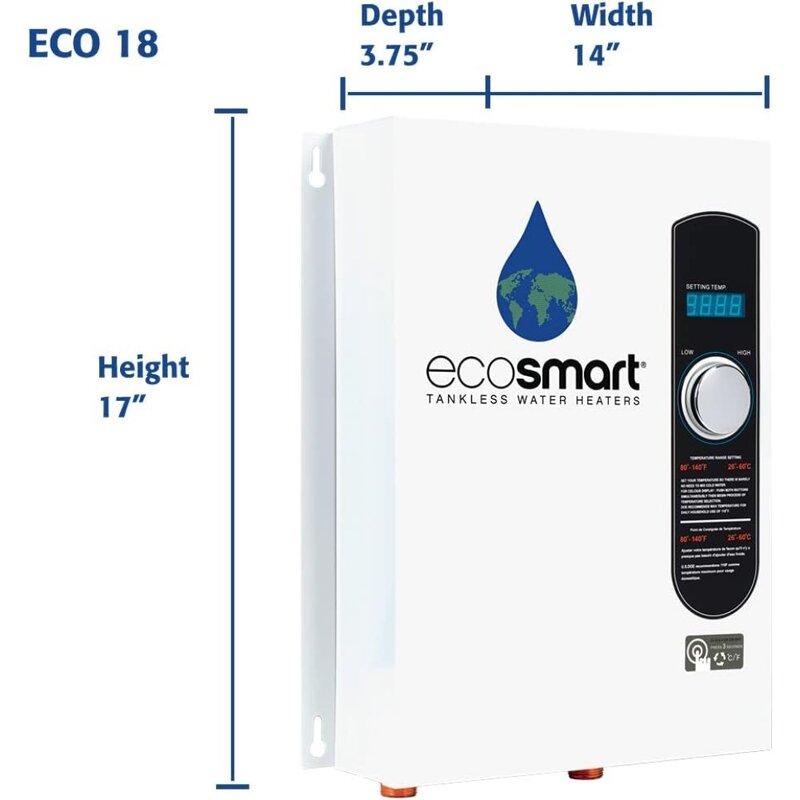 EcoSmart ECO 18 pemanas air elektrik, pemanas air tanpa tangki 18 KW pada 240 volt dengan teknologi modulator sendiri yang dipatenkan, 17x14x3.5