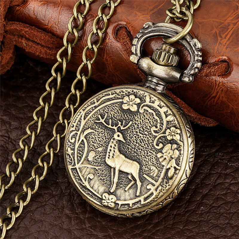 Bronze 3D Elk ลายกวางขนาดเล็กขนาดผู้หญิงผู้ชายควอตซ์นาฬิกาพ็อกเก็ตหมายเลขนาฬิกาภาษาอาหรับนาฬิกาแสดงตัวเลขสร้อยคอลูกปัดของขวัญ Reloj