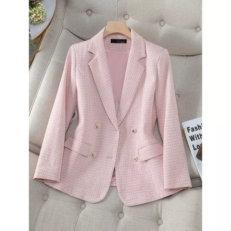 Blazer da donna Casual autunno inverno giacca femminile manica lunga bottone decorazione rosa blu albicocca Plaid Coat