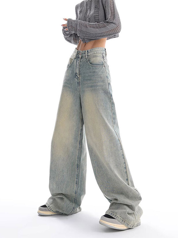 Frauen American Jean Frühling Herbst Vintage gewaschen dünne lässige neutrale Stil Jeans hose weibliche hohe Taille gerade Hose