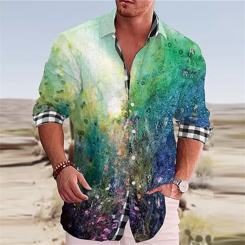 2023 Hot selling men's shirts Street high quality single breasted lapel men's top Outdoor casual printed long sleeved shirt