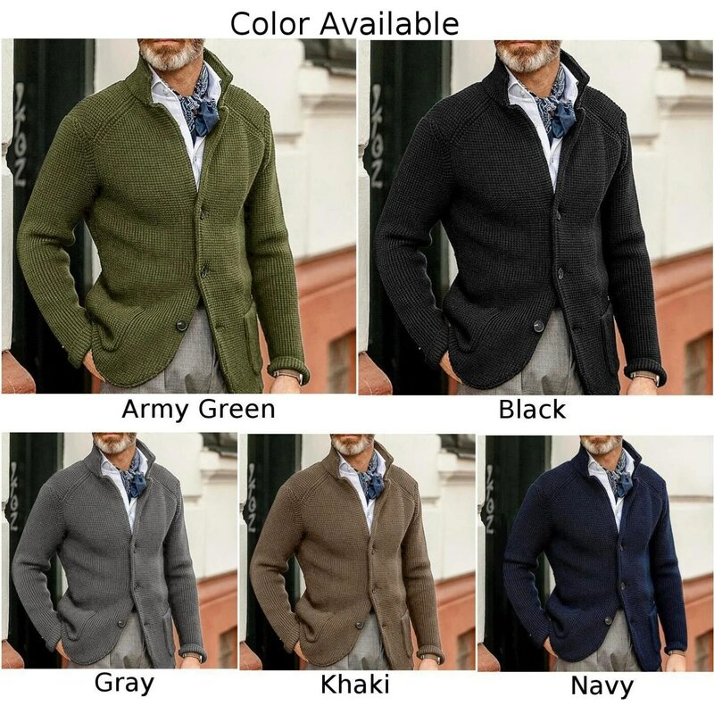 남성용 싱글 브레스트 니트 스웨터 재킷, 스탠드 칼라 슬림 코트, 캐주얼 비즈니스 블레이저 재킷, 남성 아웃웨어 상의, 패션