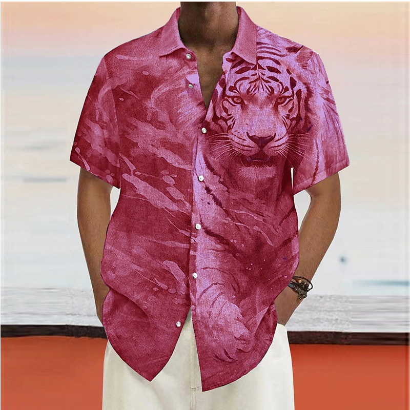 Fashionable and Luxury Men's Shirt Flip Collar Button Shirt Short Sleeve Animal Tiger Print Plus Size Cool Street Party s-6XL Su