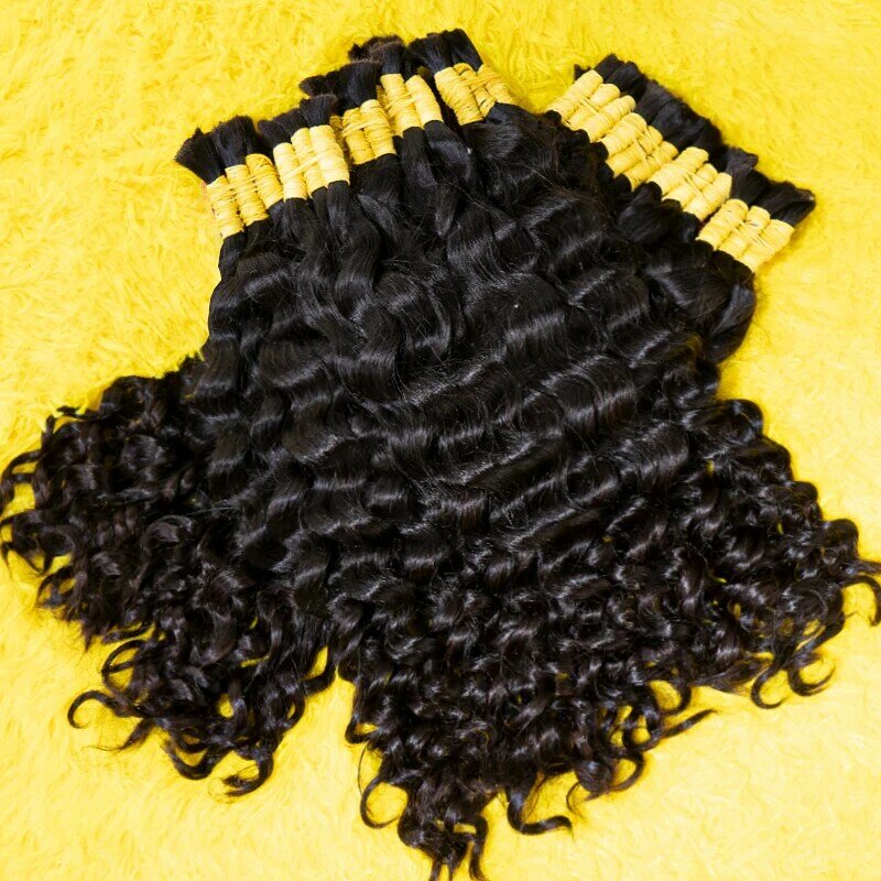 Extensiones de cabello humano brasileño, mechones de cabello humano a granel sin trama, ondulado al agua, trenzado profundo, negro Natural