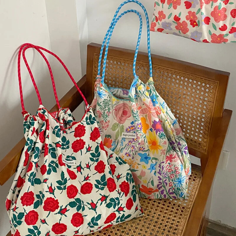 Borsa a tracolla in tela stampata floreale borsa per libri borsa da donna riutilizzabile di grande capacità borsa per la spesa Casual di moda semplice regalo