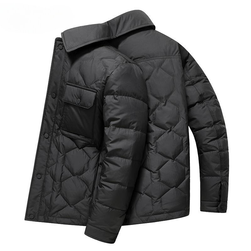 Мужская зимняя куртка на утином пуху, короткая однотонная куртка свободного покроя с отложным воротником, теплая верхняя одежда H517, 2023