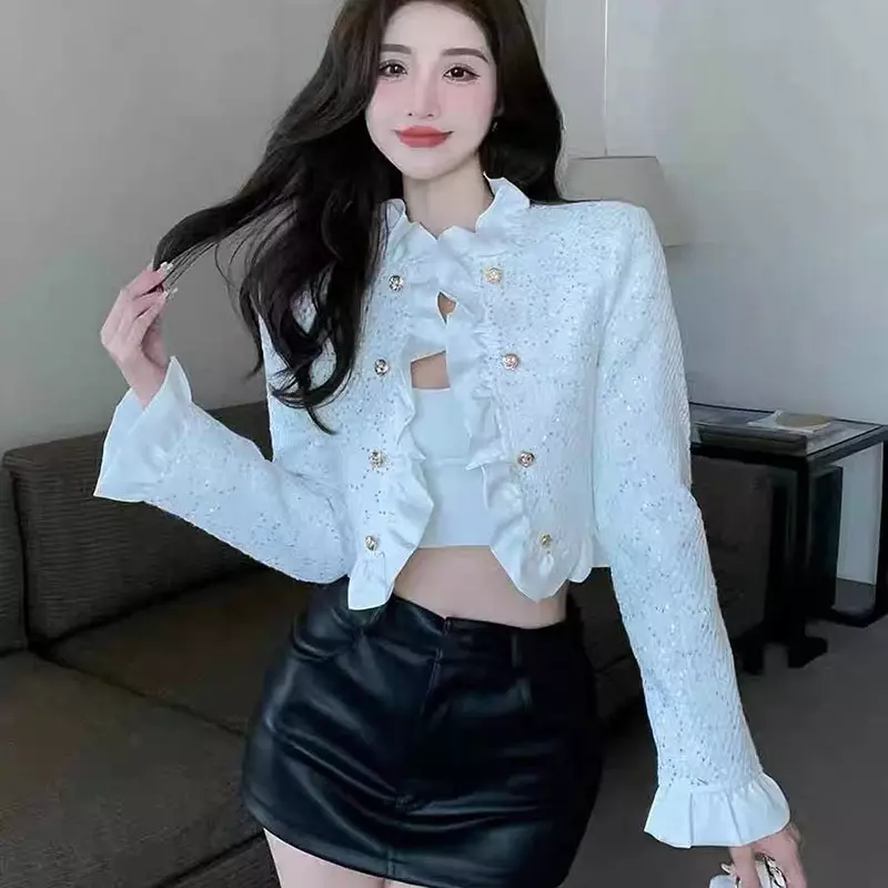 2024 weiße Tweed jacke Frauen Mode Rüschen Patchwork kurze Mäntel Frau koreanischen Stil Zweireiher Jacken weiblich