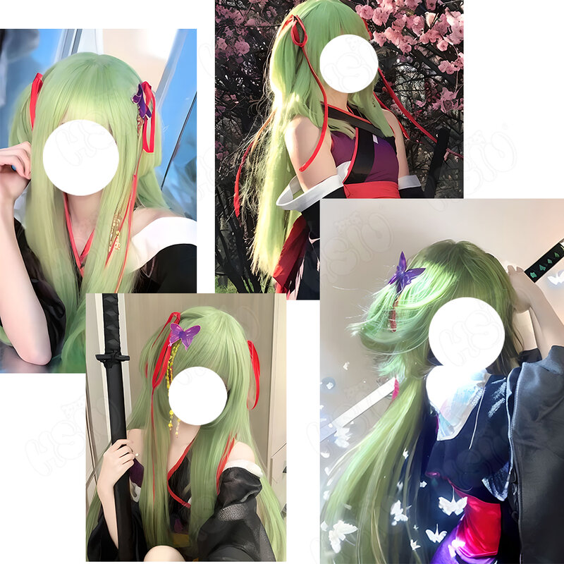 Murasame Wig Cosplay serat sintetis wig permainan Senren Banka Cosplay Wig 【 HSIU 」 hijau campur cyan rambut panjang + topi Wig
