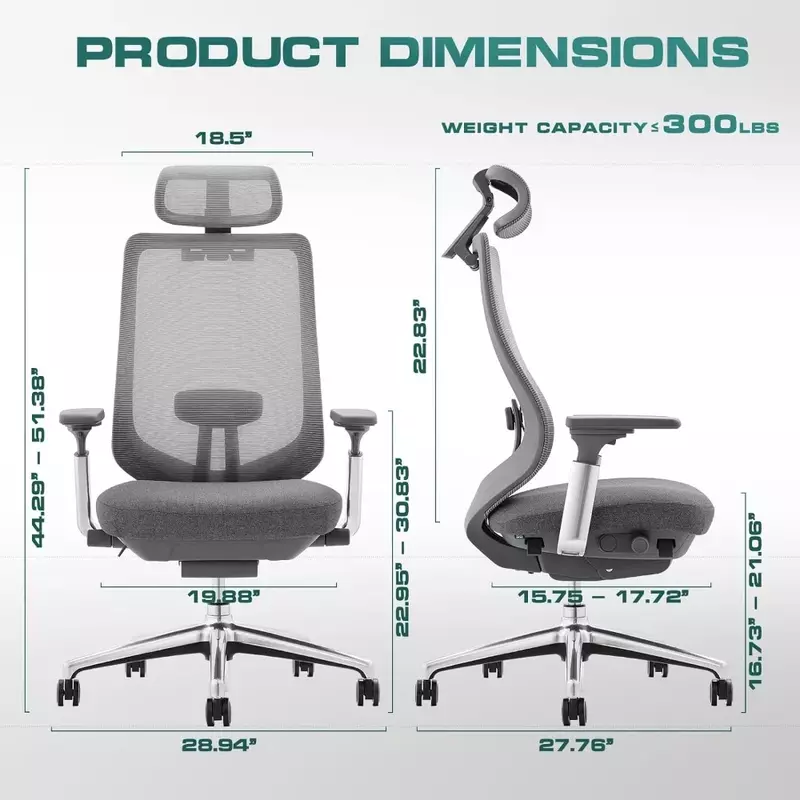 인체 공학적 메쉬 사무실 의자, 높은 등받이 컴퓨터 의자, 조절 가능한 머리 받침대 및 4D 팔걸이, 슬라이딩 시트, 다크 그레이
