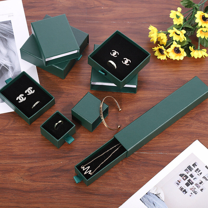 กล่องลิ้นชักใส่สร้อยคอกล่องเก็บเครื่องประดับสีเขียวเข้ม gratis ongkir กล่องจัดเก็บเครื่องประดับ