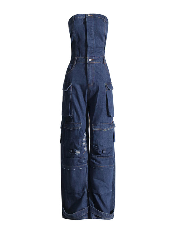 Комбинезон женский джинсовый с карманами, без бретелек, с высокой талией