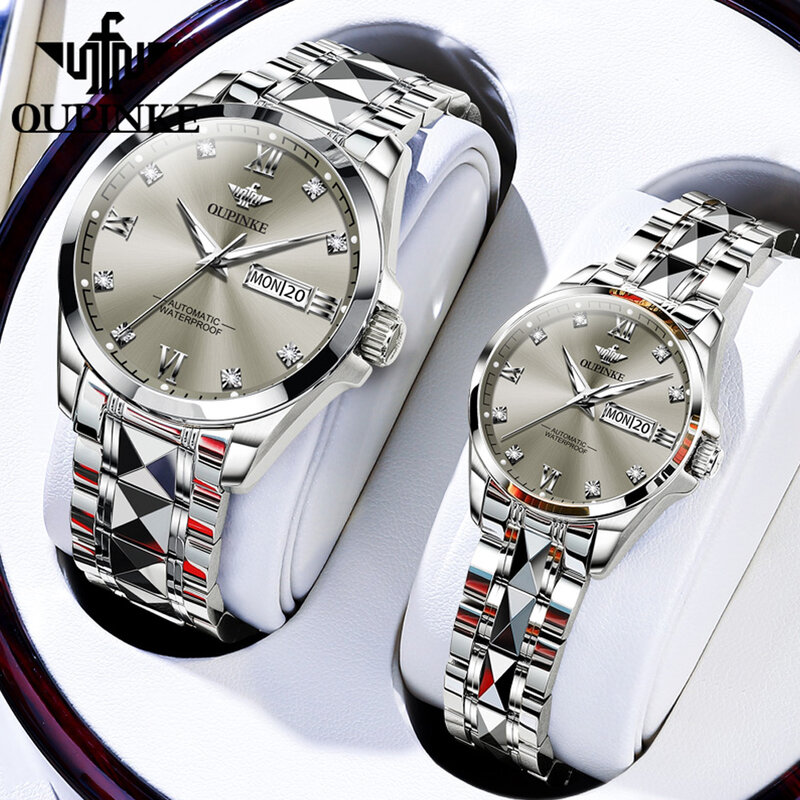 OUPINKE 럭셔리 패션 비즈니스 커플 시계, 오리지널 자동 기계식 손목시계, 방수 야광 시계