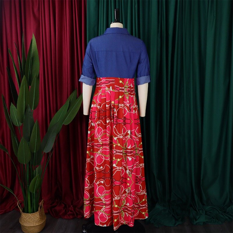 Vestido de poliéster de manga comprida africano para mulheres, vermelho e azul, roupas maxi, outono e inverno