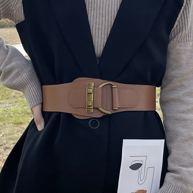 Classic Lock Buckle Wide Belts Trendy Solid Color Embossed Elastic PU Waistband Vintage Dress Coat Girdle For Women Girls
