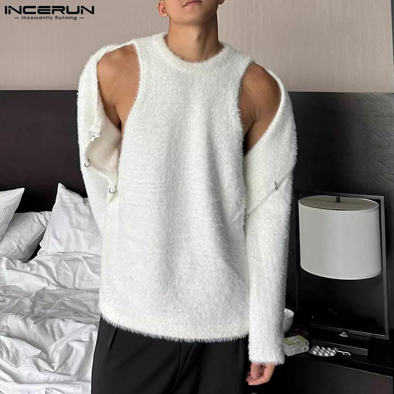 Bluzki INCERUN 2023 koreański styl nowy męski z odkrytymi ramionami dekonstruowany pluszowa tkanina sweter na co dzień sweter z długimi rękawami S-5XL