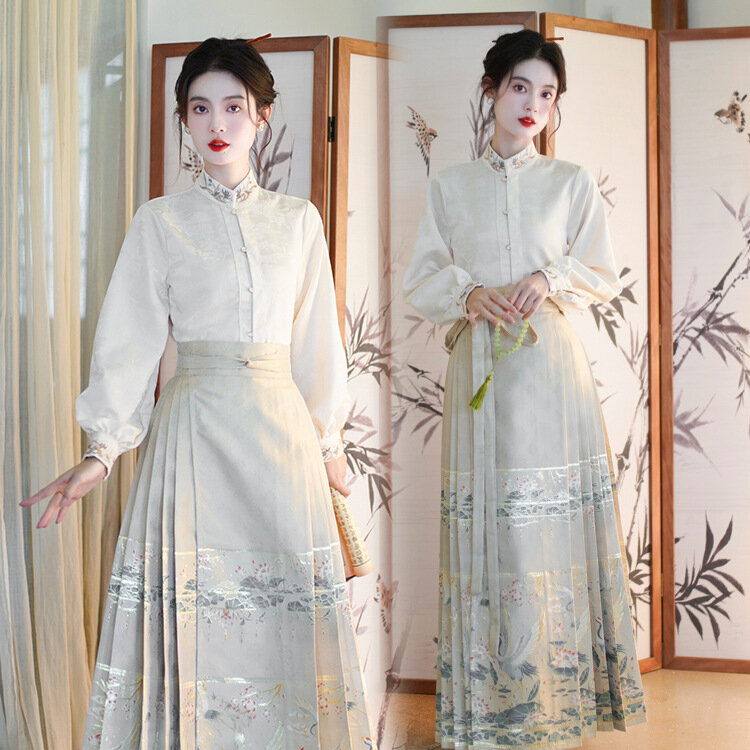 Hanfu rok Muka Kuda wanita tradisional Cina Vintage Hanfu rok lipit Han elemen Retro harian gaya Cina baru