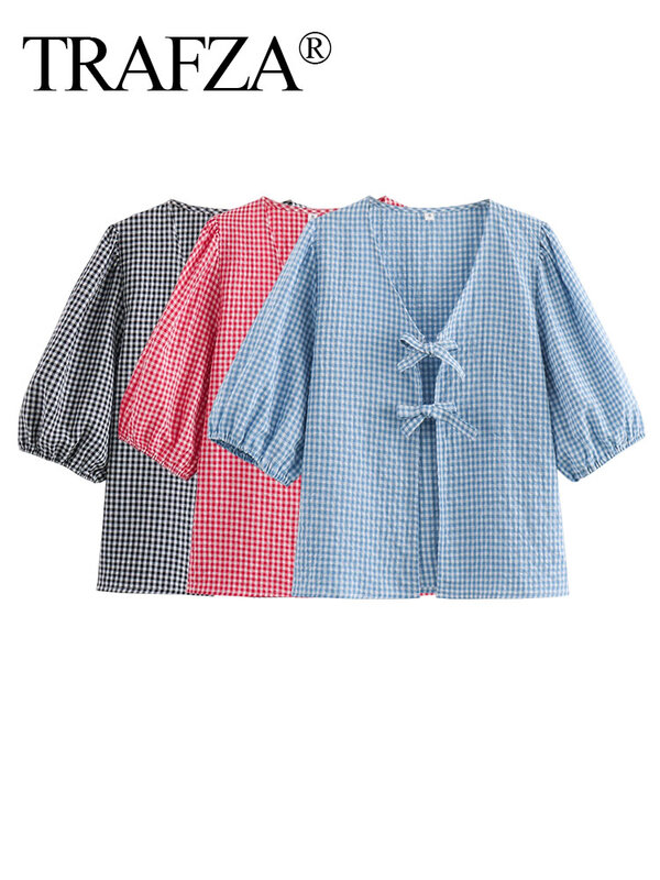 TRAFZA-Camisa feminina elegante com laço oco Vintage Slim, estampa xadrez, manga curta, blusa gola V, roupa de rua superior, verão