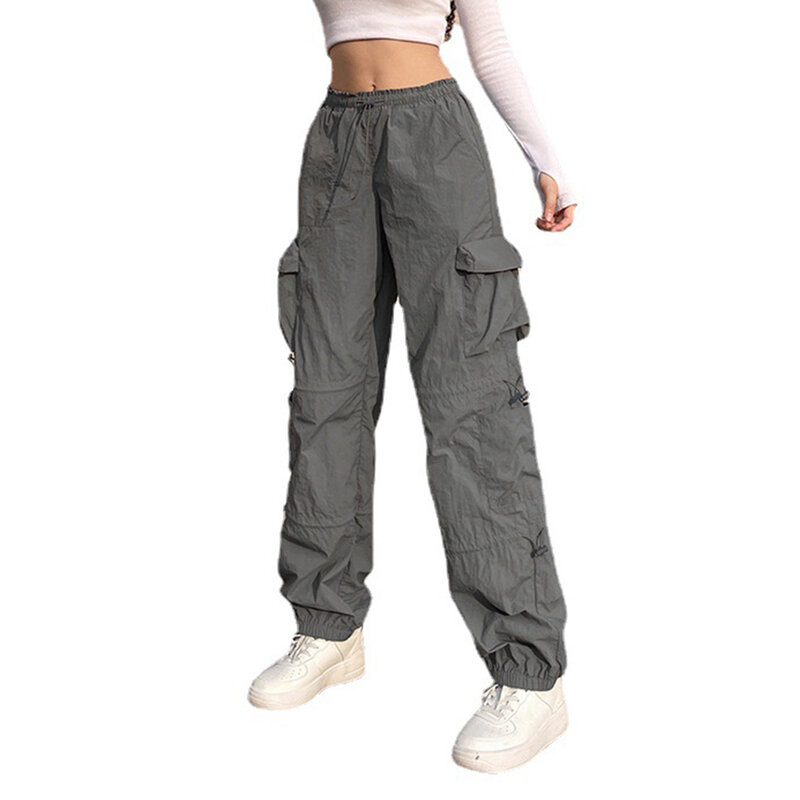 Women Multiple Pockets Parachute Pants Baggy Drawstring Elastic Low Waist Ruched Cargo Pant Jogger Y2K Trousers Trainning Pants