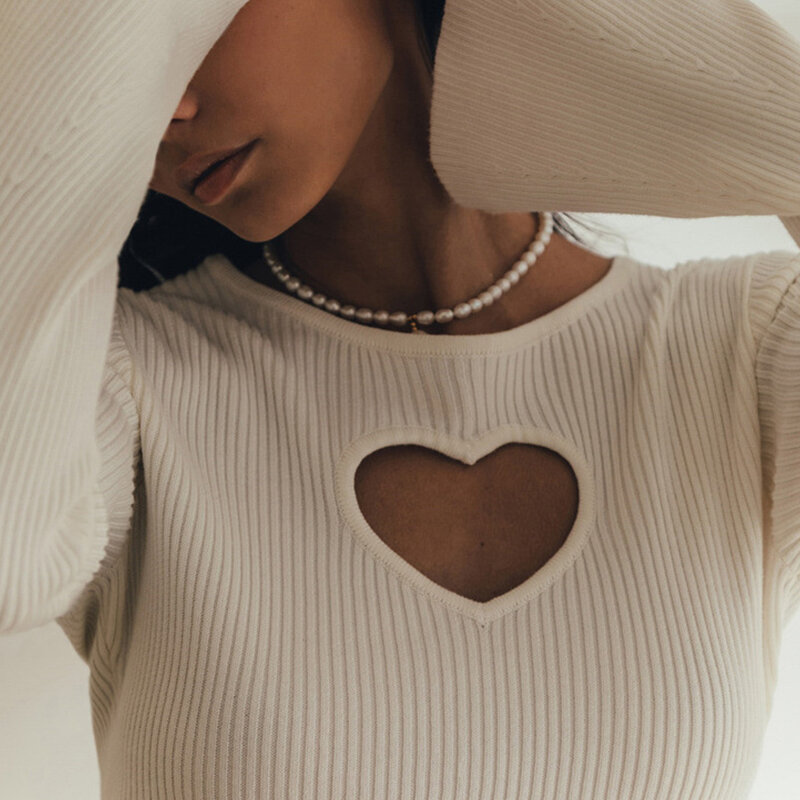 Coração feminino oco suéteres cortados, pulôver fino, jumper de malha com nervuras, manga completa, suéter com gola O, blusa de manga comprida