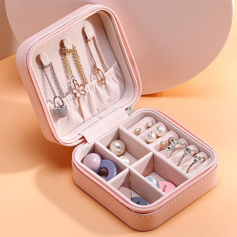 Mini Jewelry Box Organizer Display Travel Jewelry Zipper Case Boxes PU Leather Portable Earrings Necklace Ring Jewelry Box