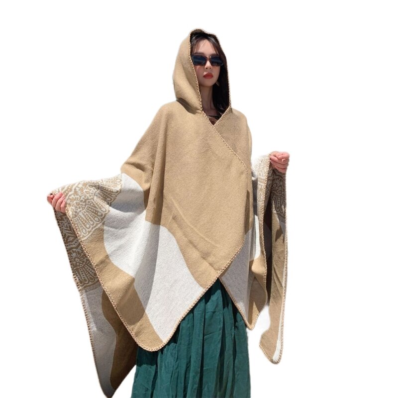 Warm Shawl Wraps for Travel Winter Fall Lady Bohemian Hooded Poncho Shawl Cape