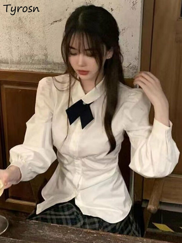 Женские рубашки в стиле преппи, простые однотонные приталенные универсальные модные повседневные складки для отдыха, милый дизайн в Корейском стиле с пышными рукавами для студентов