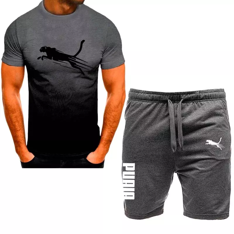 Мужская повседневная спортивная одежда, модная пониженная футболка и шорты, быстросохнущая спортивная одежда, комплект из 2 предметов с коротким рукавом