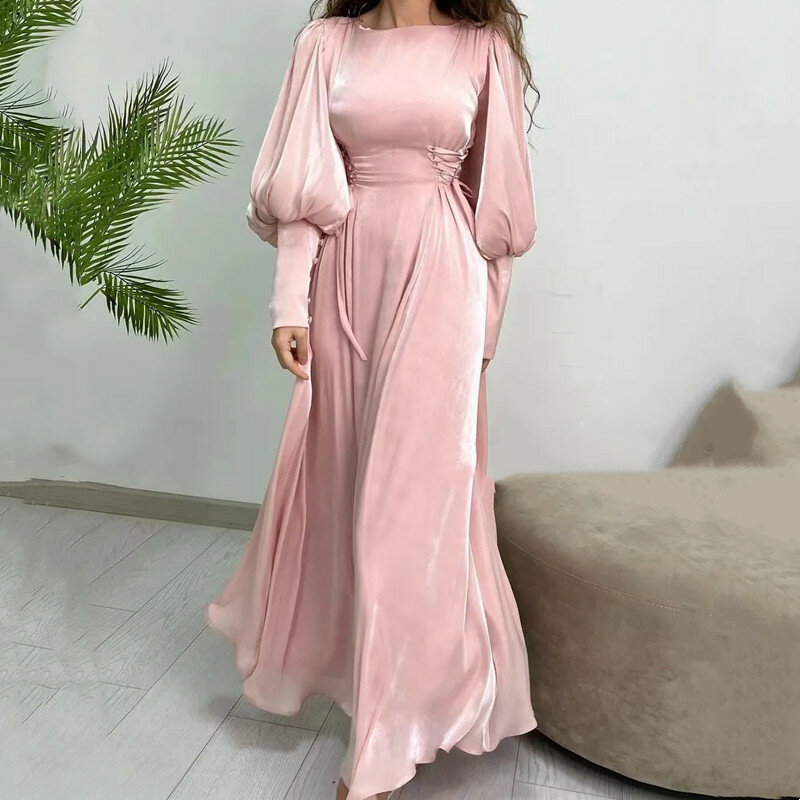 Aleeshuo Baby rosa A-Linie Ballkleid Langarm O-Ausschnitt Abendkleid Saudi-Arabien formelle Ballkleid Knöchel länge فستان