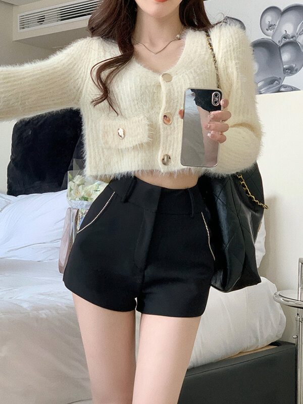 Kardigan bulu rajut wanita, atasan Crop Y2k lengan panjang Fashion Korea Sweater mantel kantor warna polos kancing 2022 musim gugur Chic