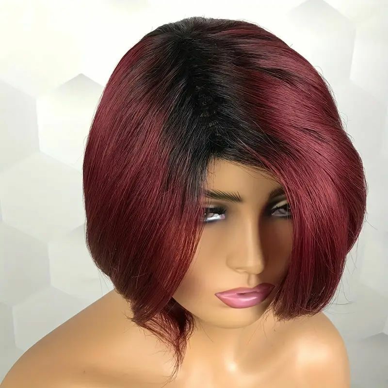 Short Bob Wigs Human Hair Full Machine Made Wigs 1b 99j Short Bob Wigs For Women 150% Density Burgundy Red Ombre Pixie Cut