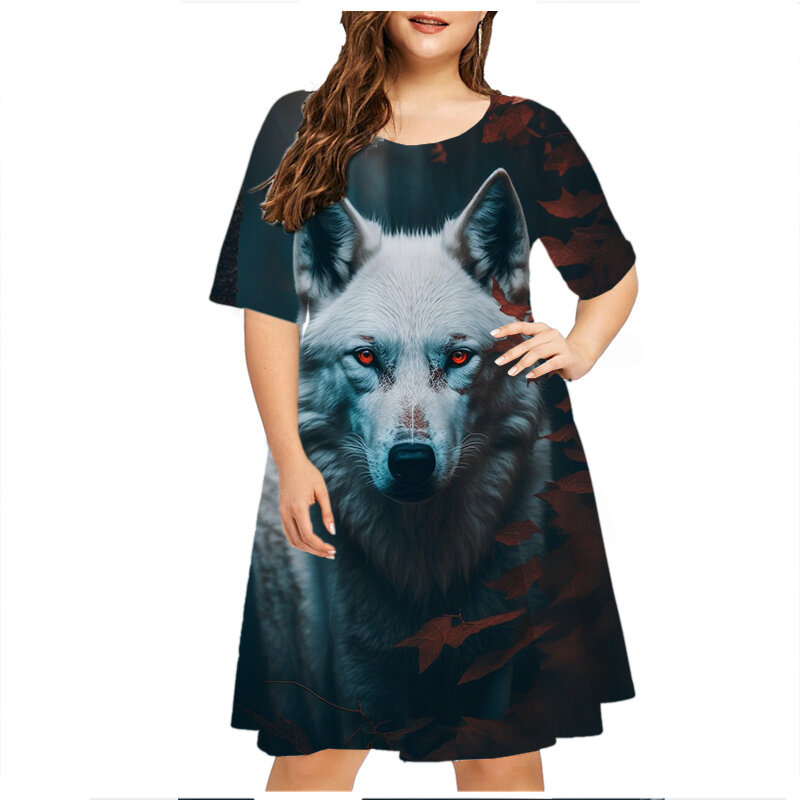 Платье женское оверсайз с принтом волка, модная уличная одежда в стиле панк с коротким рукавом, одежда больших размеров, летнее женское платье
