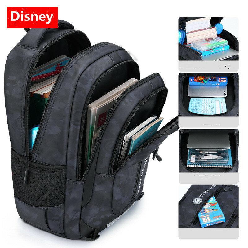 Disney Mikcey-mochila ortopédica de gran capacidad para niños, bolso escolar para estudiantes de secundaria, mochila para el hombro, Iron Man