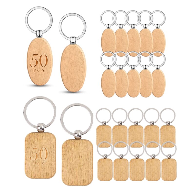 DIY 공예품용 미완성 나무 열쇠 고리 블랭크, 타원형 및 직사각형, 100 조각