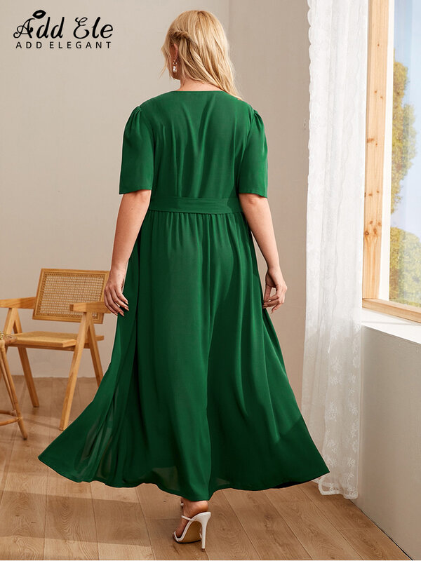 Adicionar elegante verão plus size vestido das senhoras auto-tie o pescoço oco para fora lateral fenda cintura fêmea verde sólido grandes vestidos de festa b244